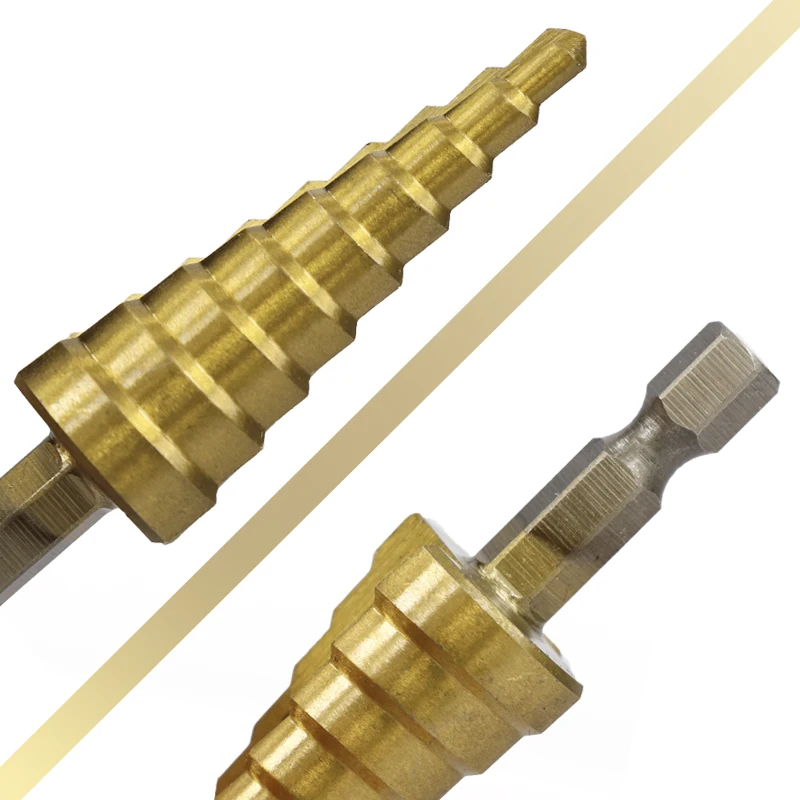 

CMCP HSS Step Drill Bit Set Hex Shank Straight Groove Cone Hole Cutter Titanium Coated Core Drill Bit Set 3-12mm 4-12mm 4-20mm