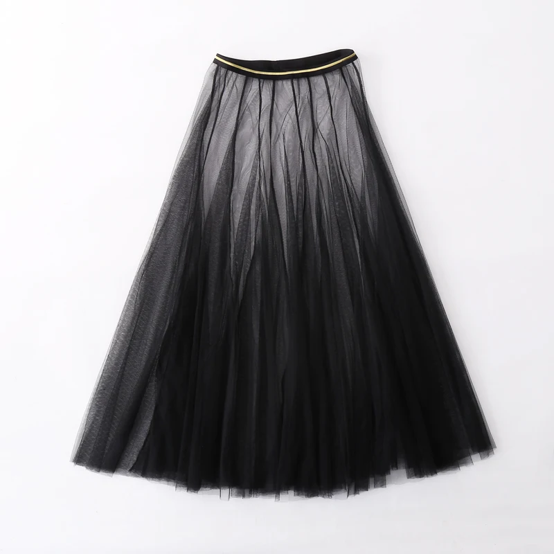 

tutu skirt women Transparent Solid Blue Pink Khaki Black Elastic Waist Pleated Mesh mujer faldas jupe femme Mesh Midi Skirts