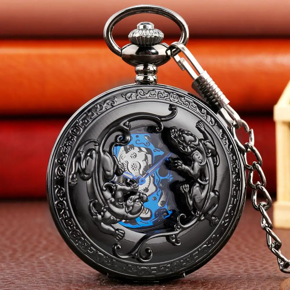 

Black/Silver/Bronze Engraved Mythical Wild Animal Carved Brave Troops Mechanical Hand Winding Pocket Watch FOB Chain Clock Gifts