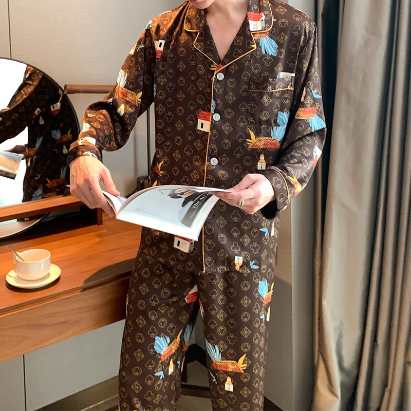 2PCS Pajamas Suit Lovers's Print Nightwear Casual Pijamas Set Sleepwear Satin Intimate Lingerie Nightgown Men Pyjamas Home Wear