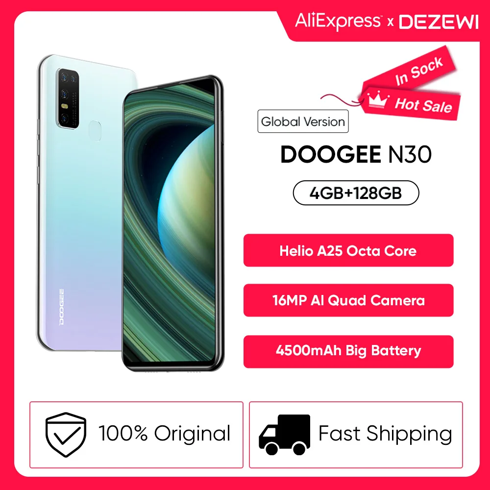 Сотовый телефон DOOGEE N30 полный экран 6 55 дюйма четыре камеры 4 Гб 128 ПЗУ