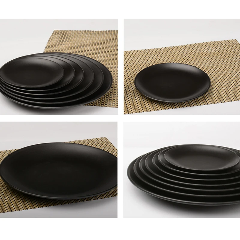 

Black Melamine Round Plate Tray Dinner Dishes Food Snacks Sushi Steak Fish Plate Eco-friendly Tableware for Kitchen Hotel