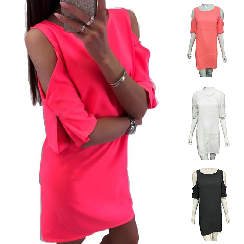 

Summer Dress 2020 Women Sexy Casual Mini Dresses Ladies Solid O Neck Off the Shoulder Half Sleeve Short Dress Plus Size S-5XL