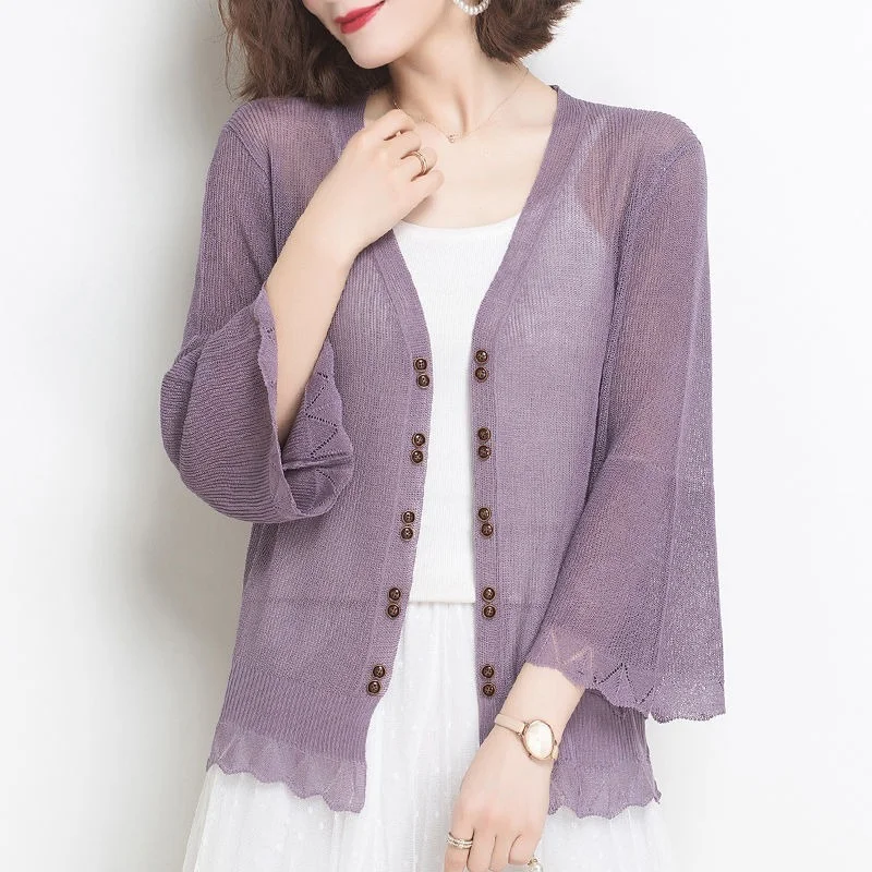 

2021 New Summer Women Short Single-breasted Knit Cardigan Sun UV Protection Clothing Long Sleeve Shawl Jacket Thin Coat Y769