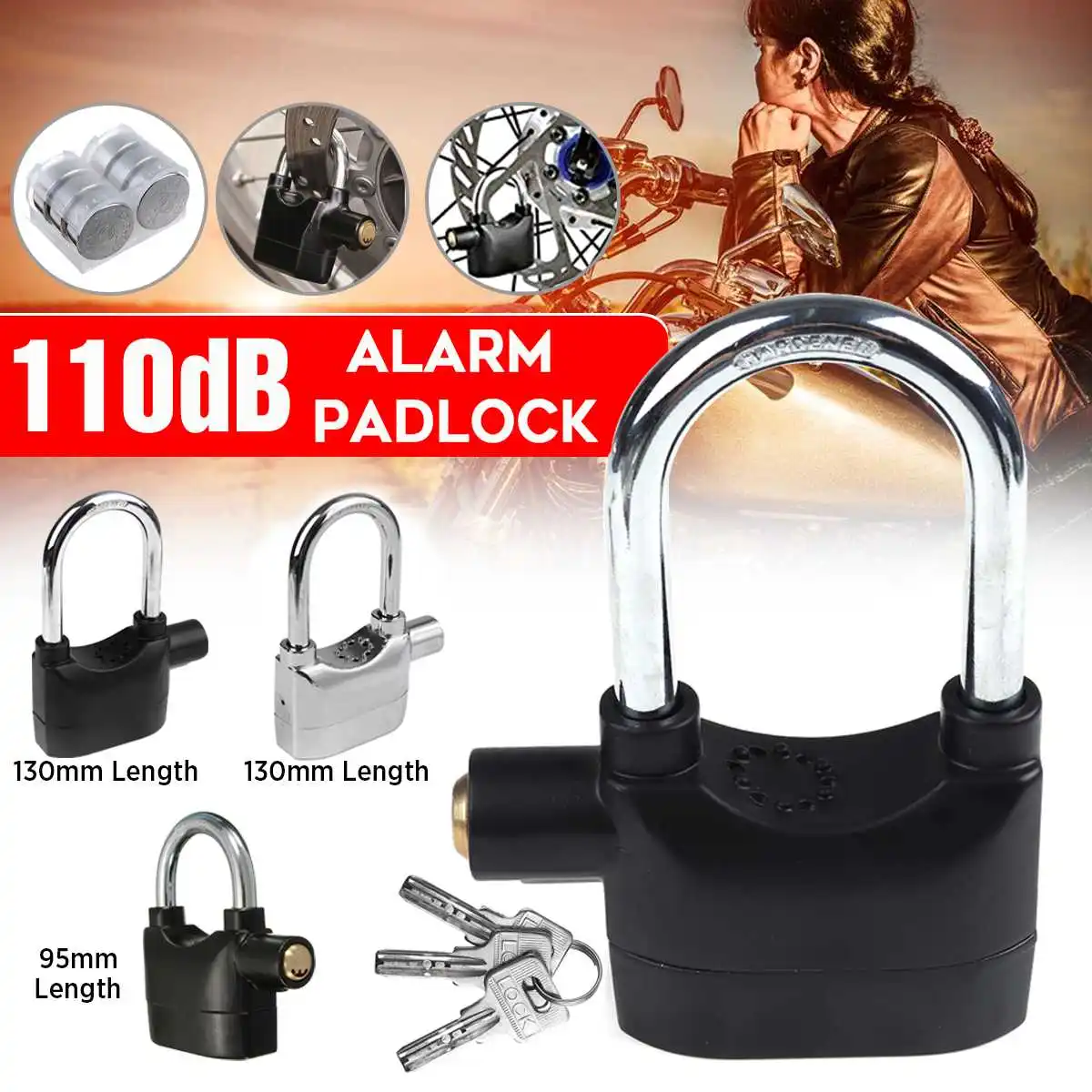

110dB Long/Short Universal Bike Motorcycle Home Garage Black Alarm Lock Sensor Anti Theft Security Secure Padlock with 3 Keys