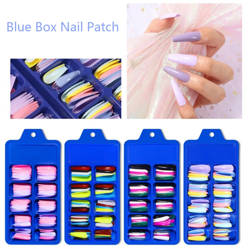 

100pcs Long Ballerina Wear Small Blue Box Full of Ballet False Nails Color Solid Color Nail Patch Women Girls Nail Arts Supplies