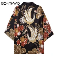 gonthwid harajuku japanese cranes cherry blossoms floral print kimono cardigan shirts streetwear mens summer casual jakcets tops