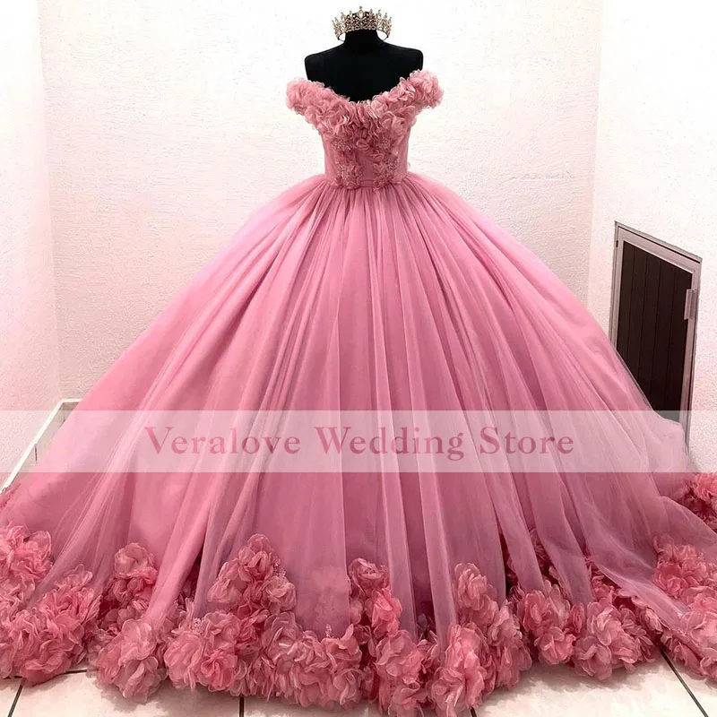 

Princess Pink Quinceanera Dress 2021 Off Shoulder Appliques Lace Party Prom Sweet 16 Gown Vestidos De 15 Años