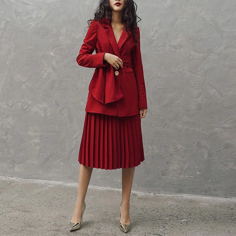 Dress Suits Set Women Long Sleeve Runway Designer Elegant Office Ladies Suit Jacket Coat Red Pleated Dress Two Piece Clothing