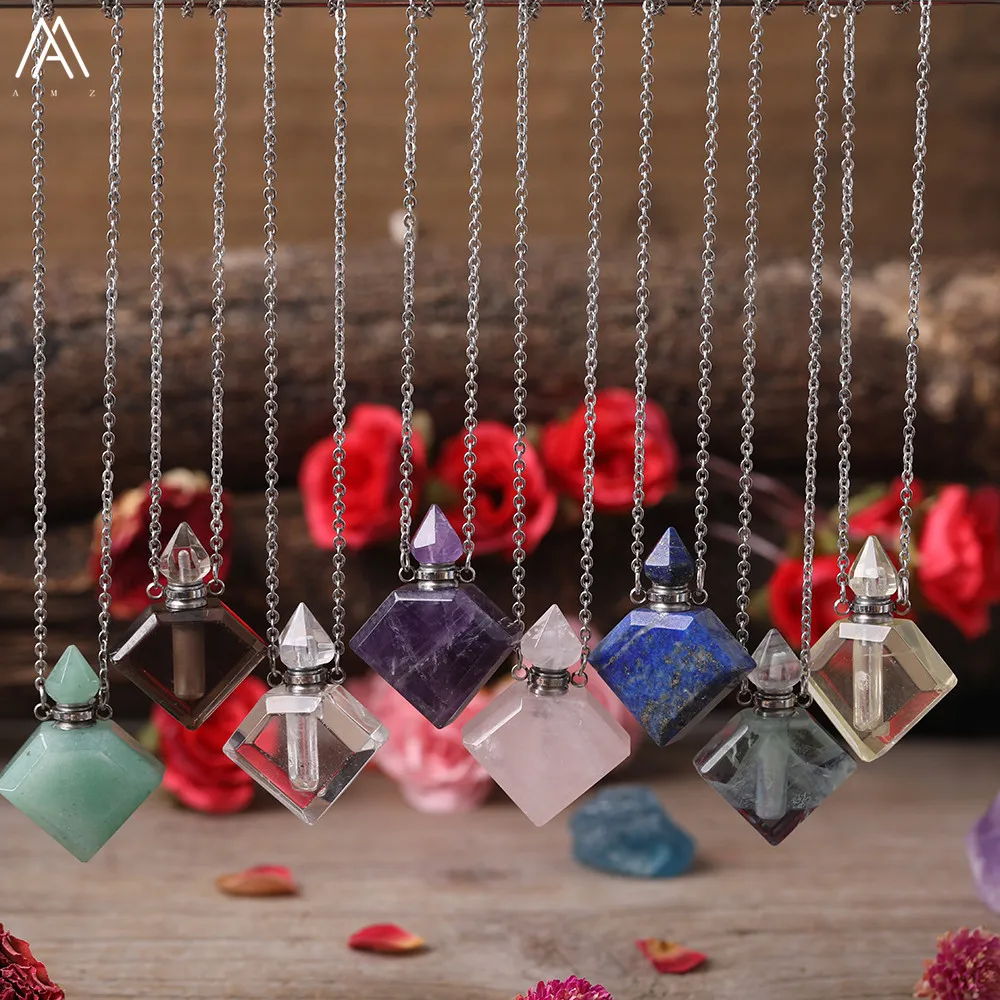 Fashion Women Natural Stone Essential Oil Jewelry Lapis Lemon Quartz Fluorite Perfume Bottle Pendant Necklace For | Украшения и