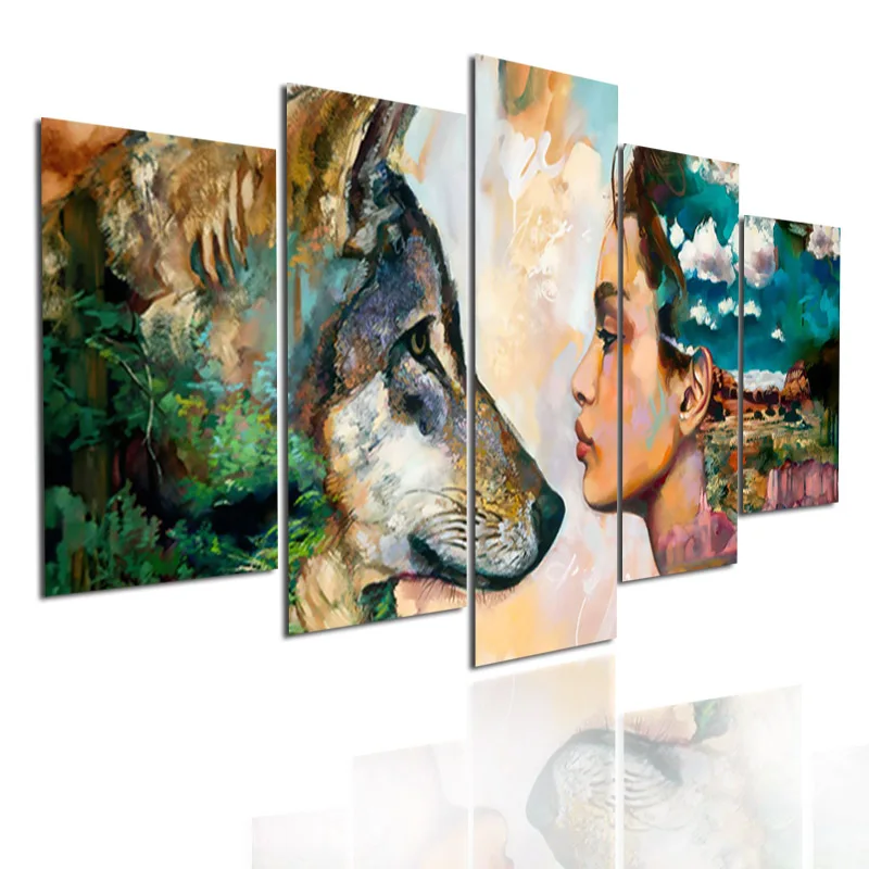 

5 Pcs Customizable Woman And Wolf Colorful Painting Print Waterproof Ink HD Poster Home Decoration Painting Gift Frameless Style