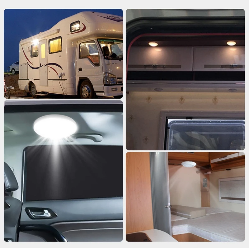 

LED Cabin e Ceiling Light 5.6 Inch Round Cabinet Lamp 12-28V Interior Lighting for RV Camper Trailer Yacht
