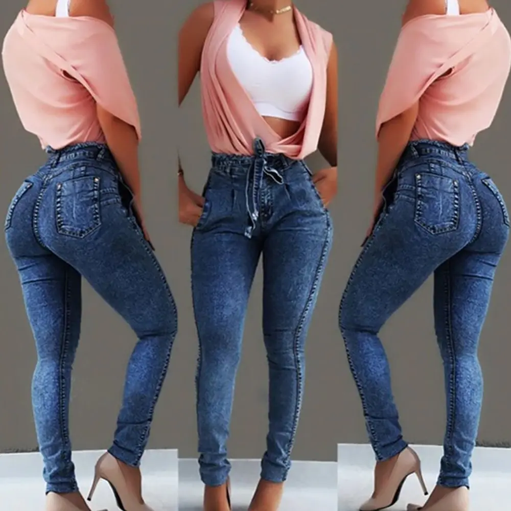 Cysincos New Women High Waist Jeans Plus Size Woman Slim Stretch Denim Jean Bodycon Tassel Belt Bandage Skinny Push Up | Женская одежда