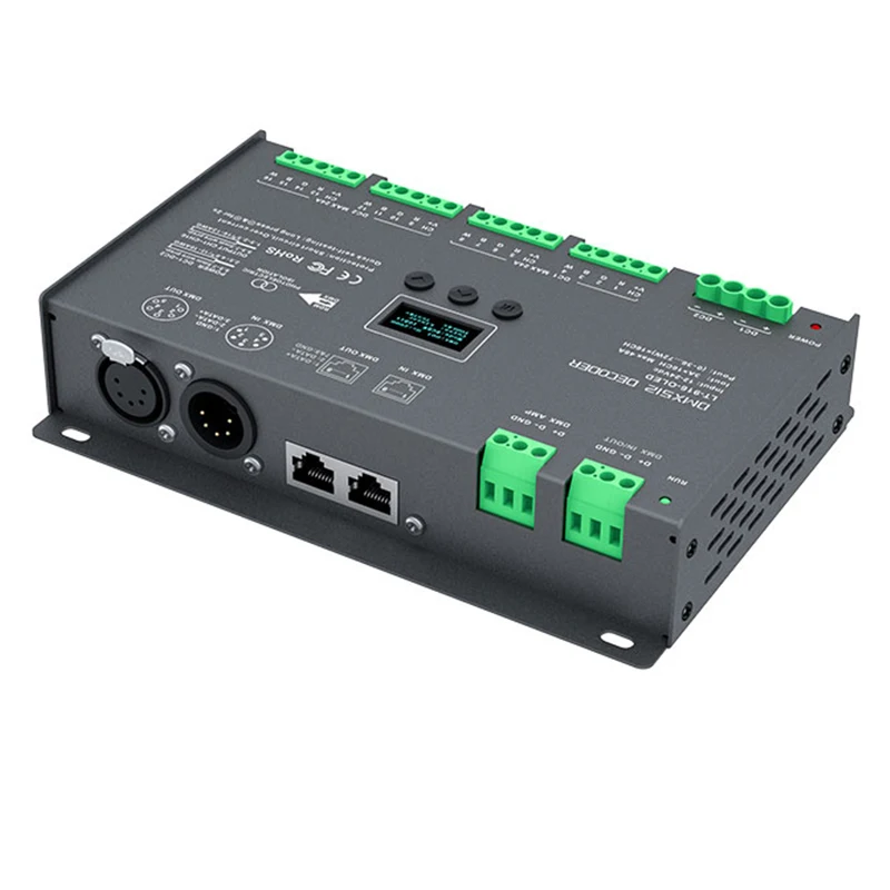 New Led DMX-PWM Decoder;DC12-24V Input;3A*16CH Max 48A 1152W Output XLR-5/RJ45/Green Terminal Port 16 Channel DMX512 Controller