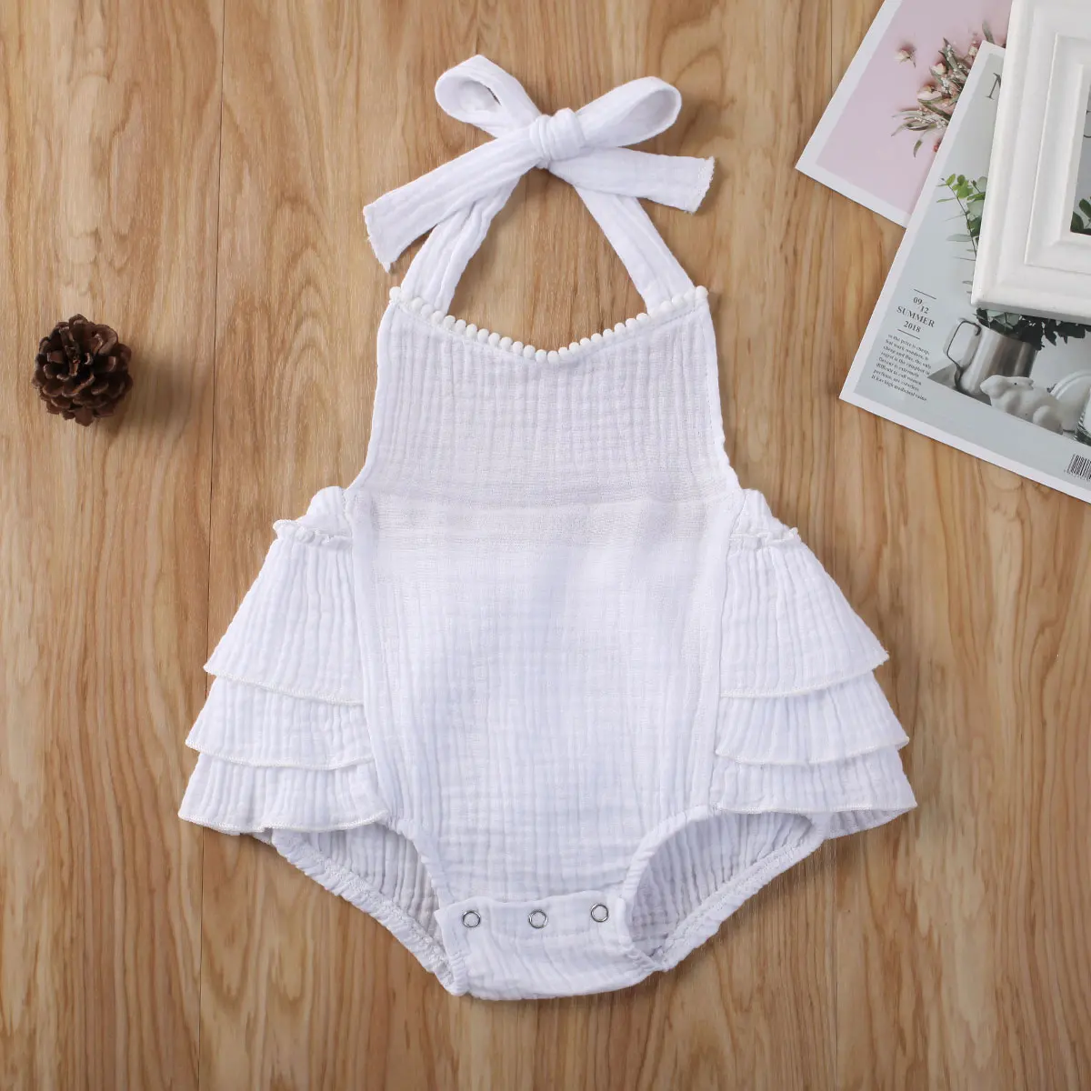 

Newborn Baby Girl Halter Backless Jumpsuit White Sleeveless Ruffle Bodysuit Summer Clothes Set 0-24M