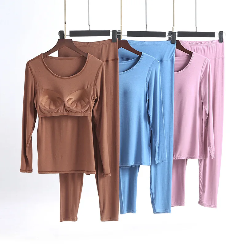 New Women Pajamas Set with Chest Pad Suit Long-Sleeved Pants Autumn and Winter Leisure Tops Loose Plus-Sized Sleepwear Modal