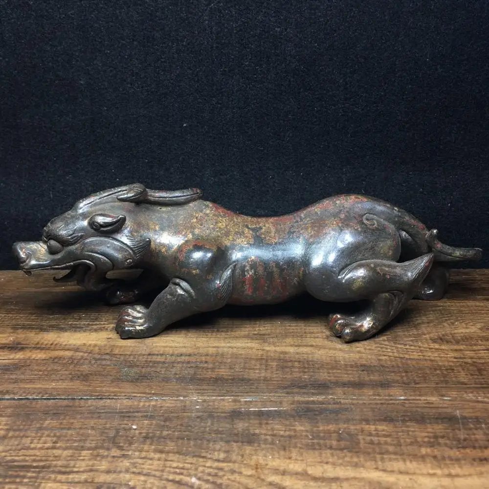 

Home Decor 10" Tibet Buddhism Old Bronze Cinnabars Pixiu statue Unicorn Implication Lucky Ward off evil spirits Town House