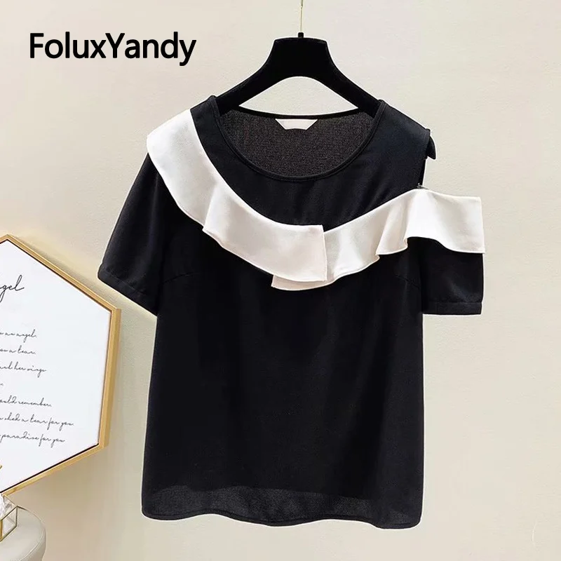 

Asymmetrical Tops Women One Shoulder Summer Tops Plus Size Casual Ruffles Short Sleeve T-Shirt Black KKFY5607