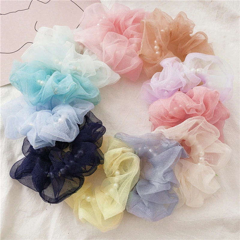 

Headwear Cloth Hair Scrunchie Hair Ring Ties For Girls Ponytail Holders Hair Bands Elastic Hairband Hair Accessories Mesh Pearl