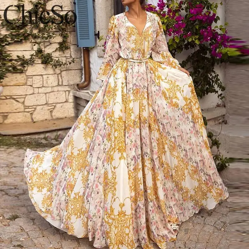 Женское вечернее платье макси MissyChilli желтое в пол с цветочным принтом и v образным