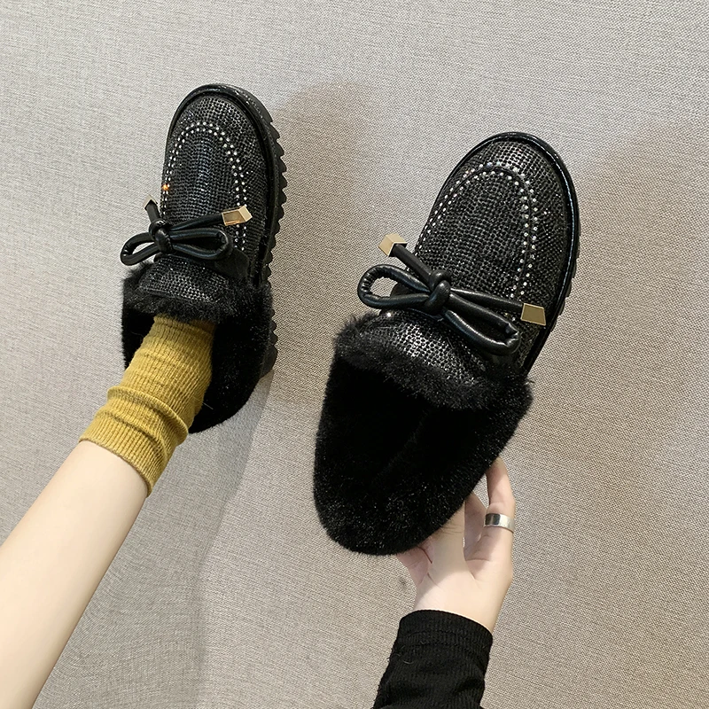 Shiny Glitter Snow Boots Women Fashion Warm Plush Ankle Boots Woman Non Slip Botas Mujer Butterfly-knot Decoration
