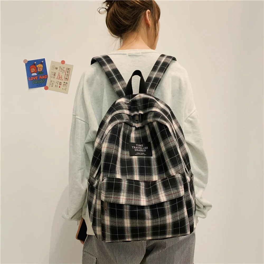 1PCS Plaid Student Backpack Canvas Material Japanese and Korean Retro College Style Simple Trend Leisure Travel Backpack 2020