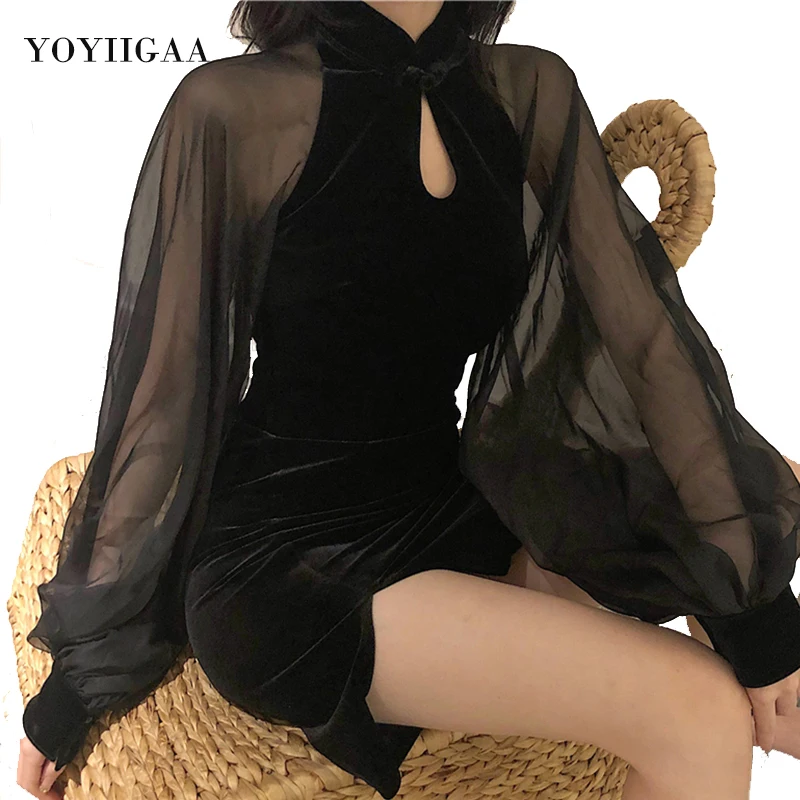 

New Women's Dresses Autumn Spring Dress Mesh Lantern Sleeve Solid Dresses Slim Mini Party Dress Fashion Women Dress Lady Clothes