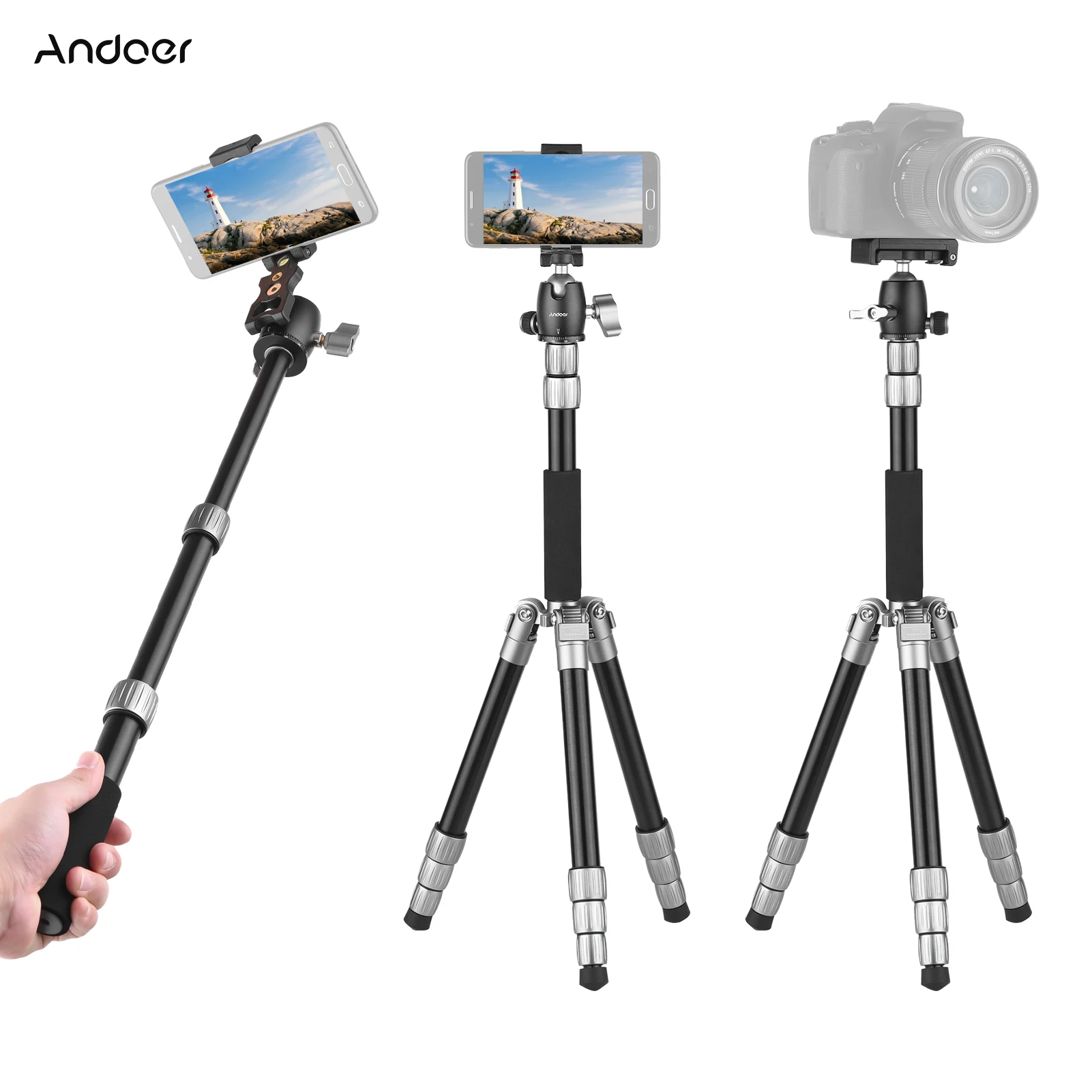 

Andoer Q066 CameraTripod Lightweight Tripod Monopod with Phone Clip Quick Release Plate Ball Head Storage Bag for Phone Camera