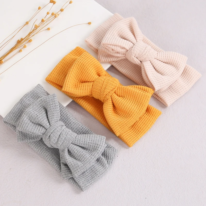 

Big Bows Baby Girl Headband Waffle Knit Turban For Children Headbands Kids Hair Accessories Ear Warmer Double Layer Bandana