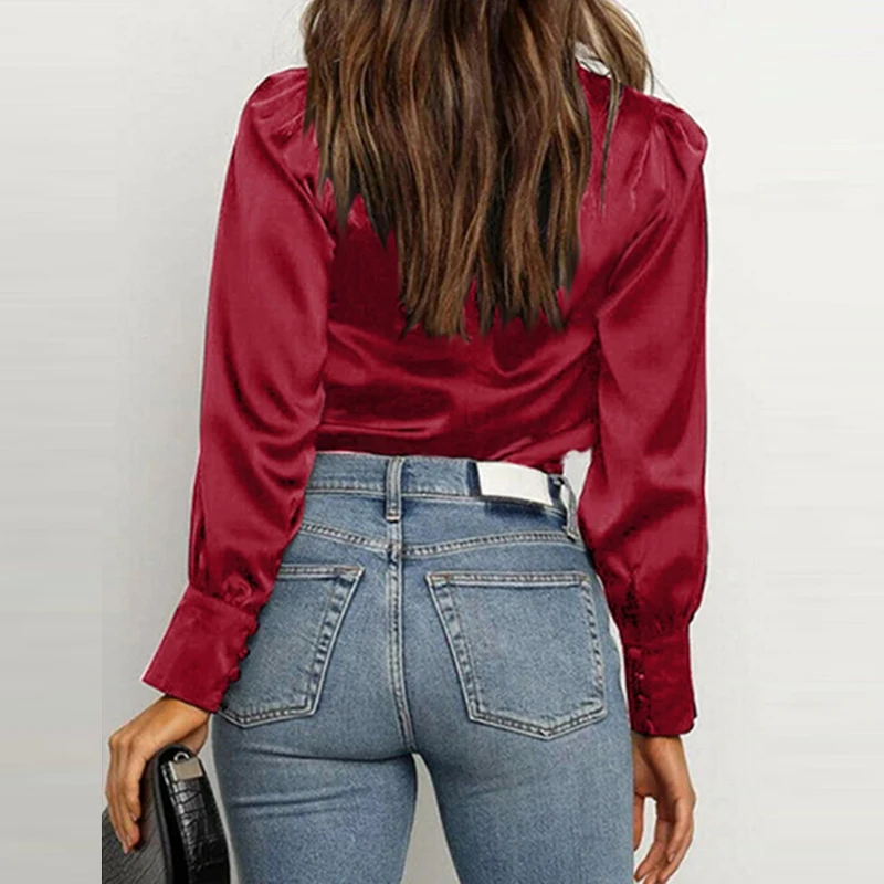 

Spring Autumn Women Elegant High Neck Blouse Casual Solid Color Pile-up Sleeve Blouse 2020 New Ladies Temperament Office Blouses