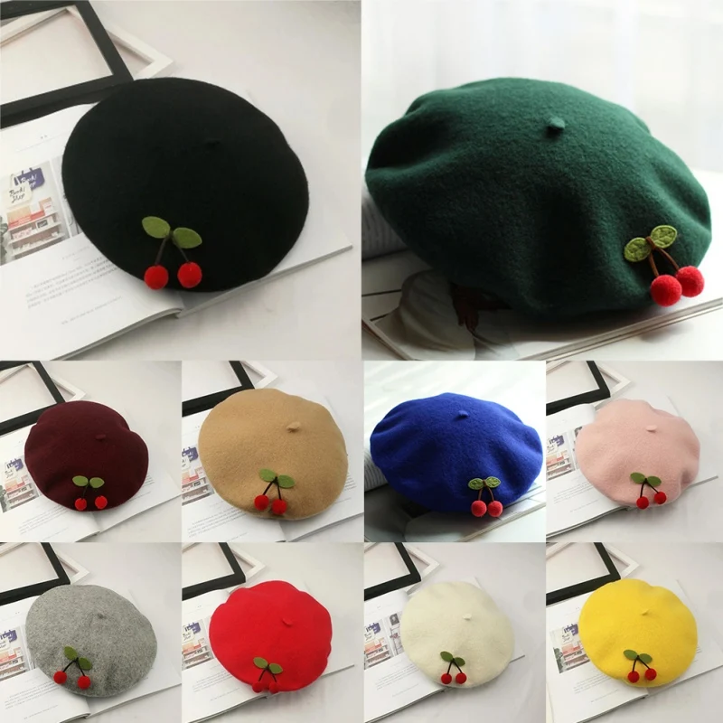

Women's Berets Vintage Style Handmade Cherry Wool Beret Sweet Ladylike Solid Color Cap Painter Cozy Warm Berets