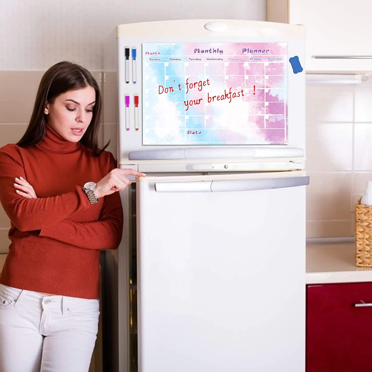 

METABLE Magnetic Calendar Refrigerator Sticker With Eraser And Four Dry Erase Pens, Suitable For Family Kitchen Meeting Room