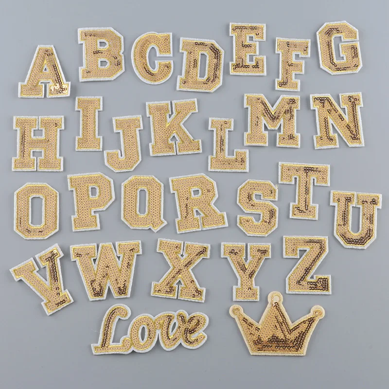 

26 English Letter Sequin Embroidered Patch Stickers Accessories Clothes Labels Badges Diy Crown Love Patches for Clothing Hats F