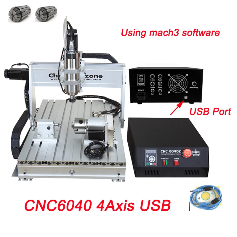 CNC 6040z 2.2KW 4 оси ЧПУ деревообрабатывающий фрезерный станок 3 оси металлический USB фрезерный гравер станок резак алюминиевый DIY резьба независимый привод - Цвет: CNC6040 4Axis USB