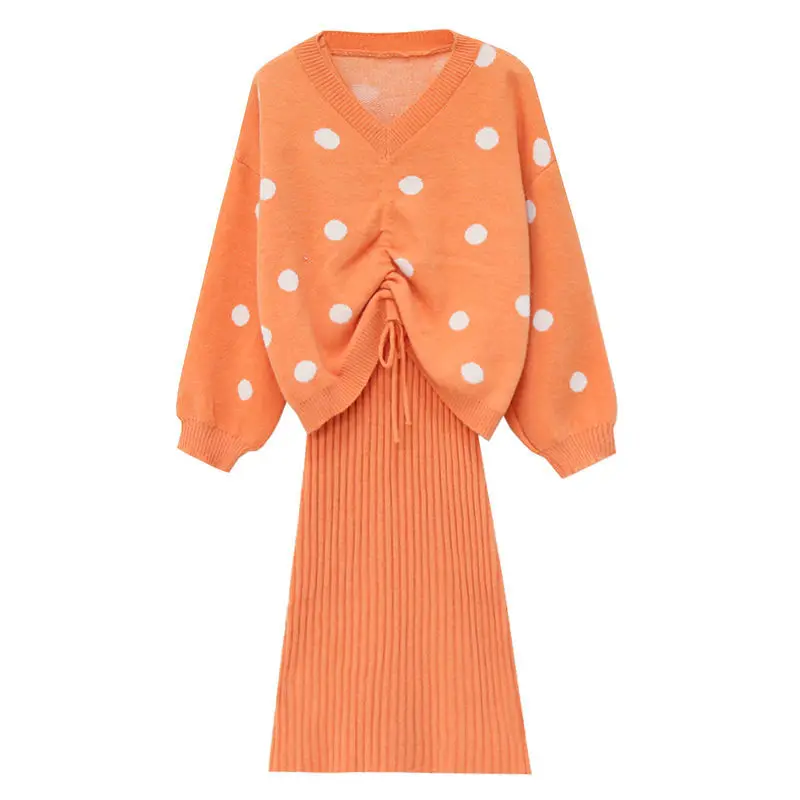 

2021 New Autumn Winter Knitted 2 Pieces Set Women O-Neck Dot Pullover Sweater +Elastic High Waist Skirt Suits Y296