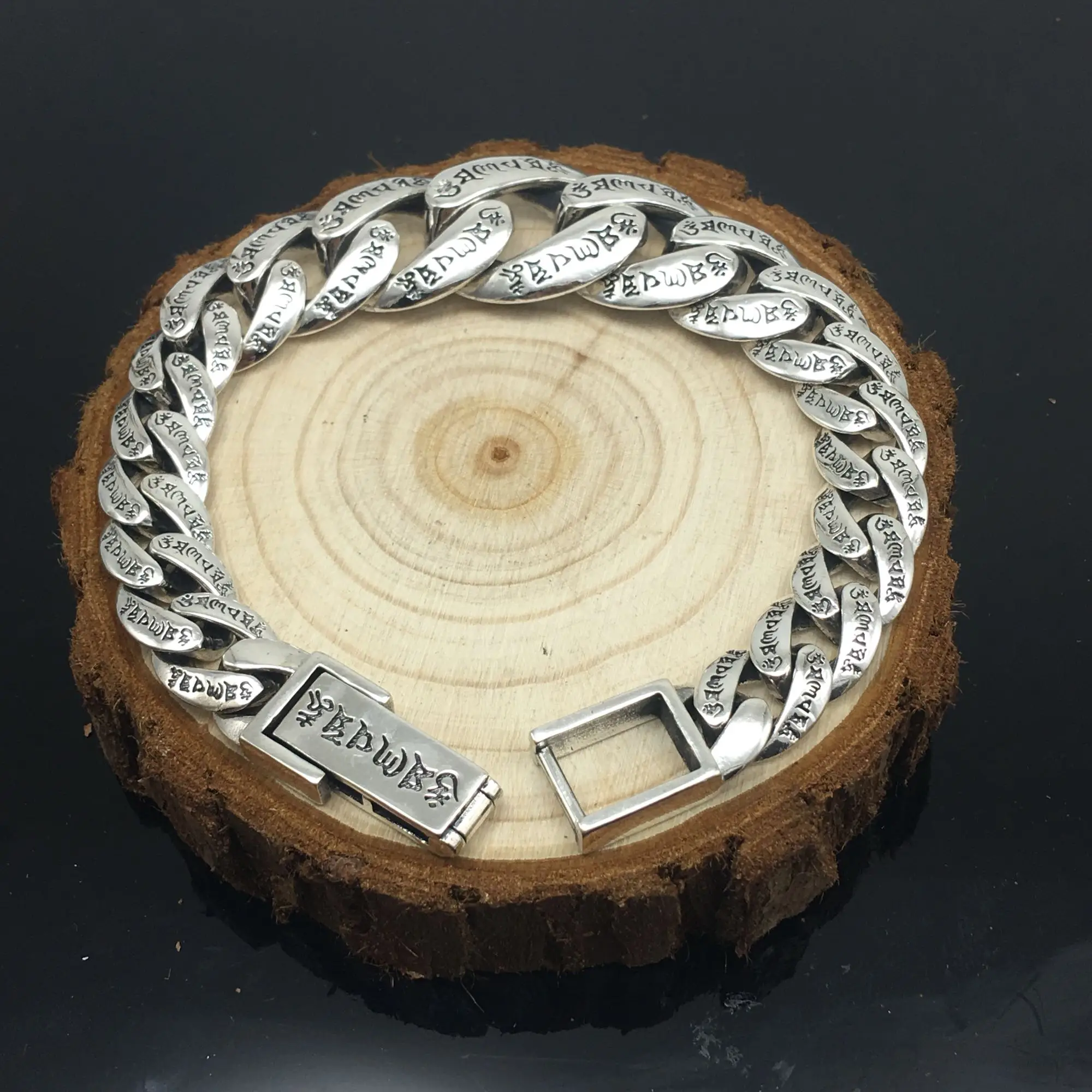 

Мужской браслет из серебра 925 пробы, тибетский буддистский браслет, ширина 19 мм, мантра из шести слов, OM MANI PADME HUM, цепочка из тайского серебра
