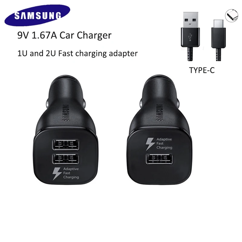 Samsung S20 S10 S8 S9 Plus Note 10 8 Car Charger Original Dual USB Adaptive Fast Charger 9V 1.67A Quick Charge 3.0 Type-C Cable