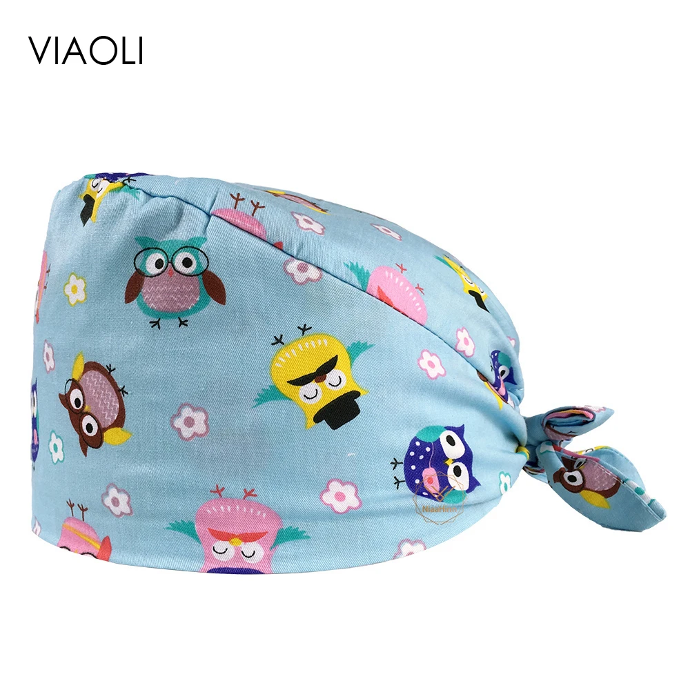 

VIAOLI-summer cute Wise owl cartoon print scrub cap Rehabilitation Center work scrub hat Beautician accessories adjustable cap