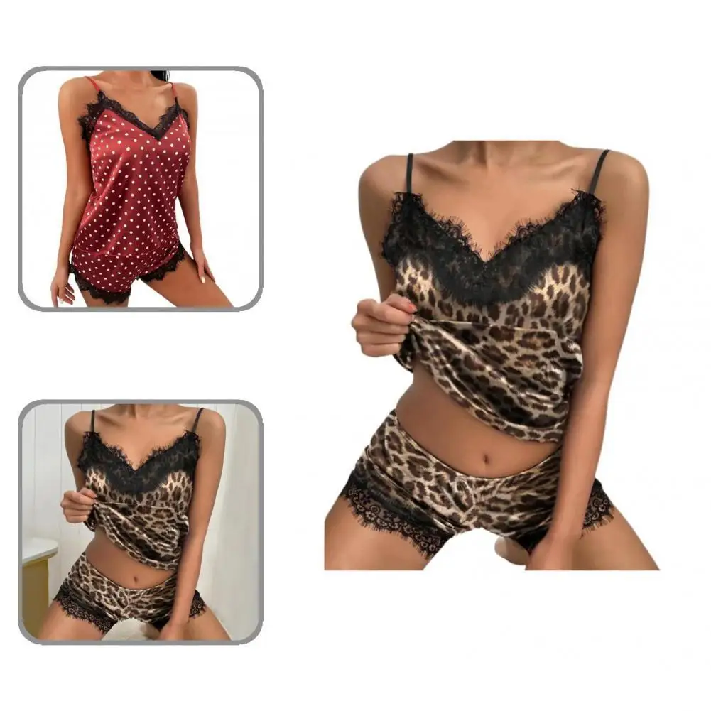 

Nightdress Set Adjustable Strap Short Eyelash Decor Adjustable Strap Vest Loose Shorts Set
