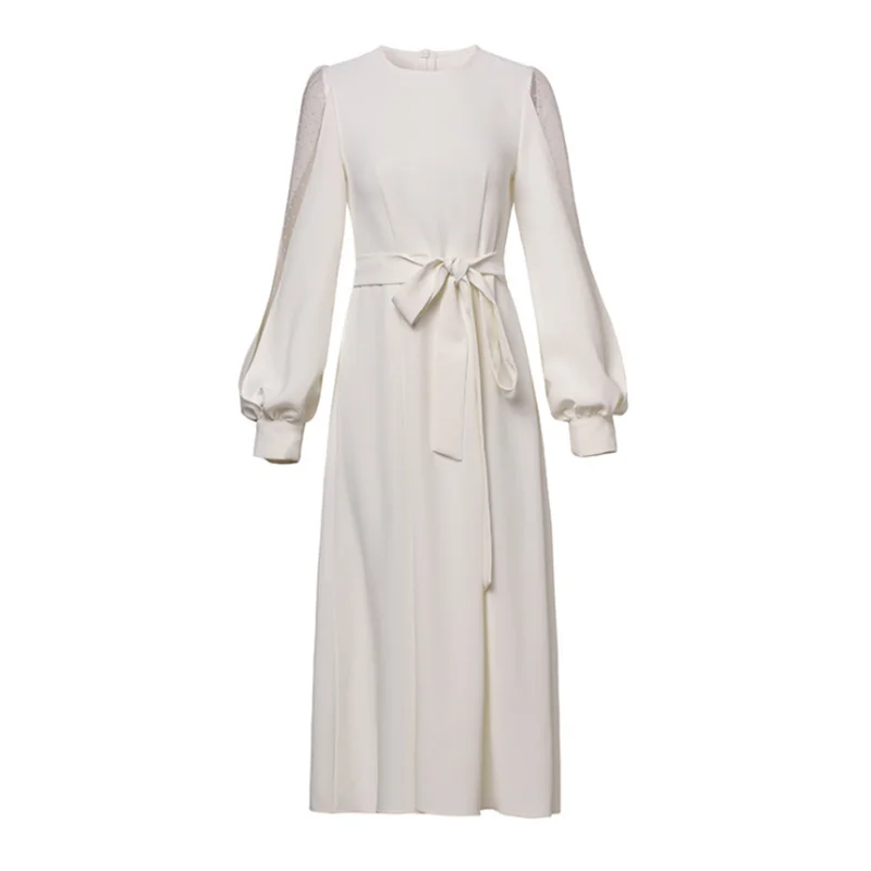 

2021 Summer Women's Dress Polka Dot Mesh Lantern Sleeve Office Ladies Midi Dresses Bow-Knot Tunics High Waisted Woman Clothing