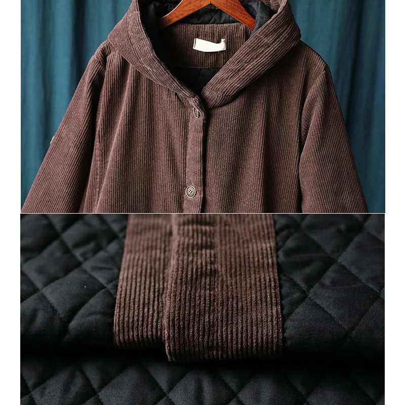 

NINI WONDERLAND 2020 Winter Corduroy Hooded Parka Coat Women Thicken Warm Vintage Long Outerwear Lady Loose Pocket Coat Big Size