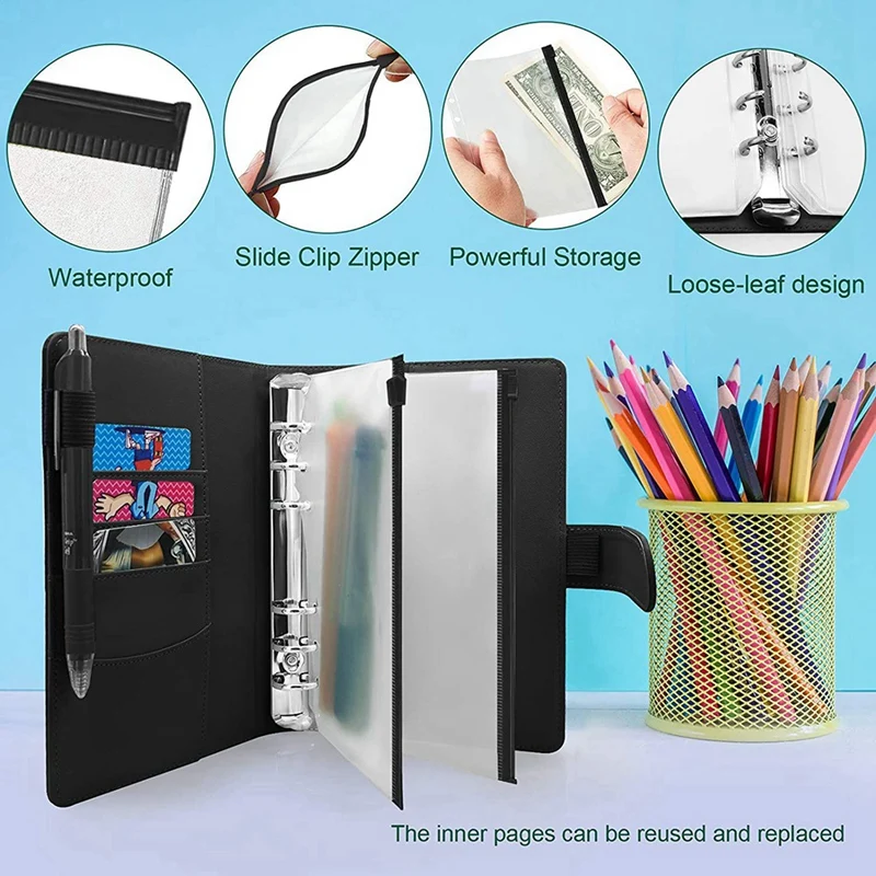

2 Set A6 Binder Pocket with Notebook Cover, PU Leather Binder Cover, Bill Management, Card Storage,Black & Green