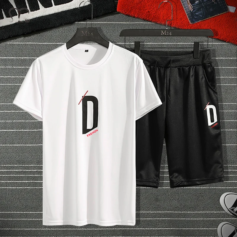 

2021 Summer Man Sportswear 2 Piece Sets Sports Suit T-Shirt+Shorts Sweatsuit Male Tracksuit Letter Tee Tops