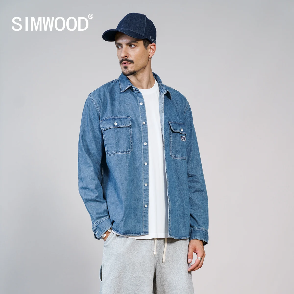 

SIMWOOD 2022 Spring Winter New Denim Shirts Men Double Chest Pockets Cargo Shirts Oversize 100% Cotton Plus Size Shirt