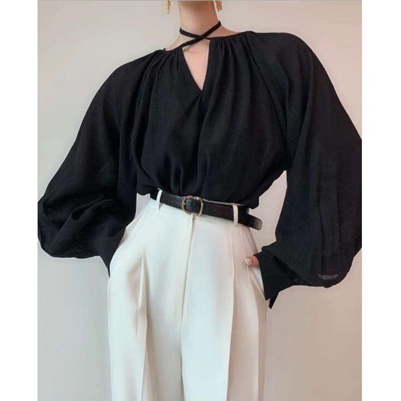 Висит шейный ремешок женская блузка рубашка и черная | Женская одежда