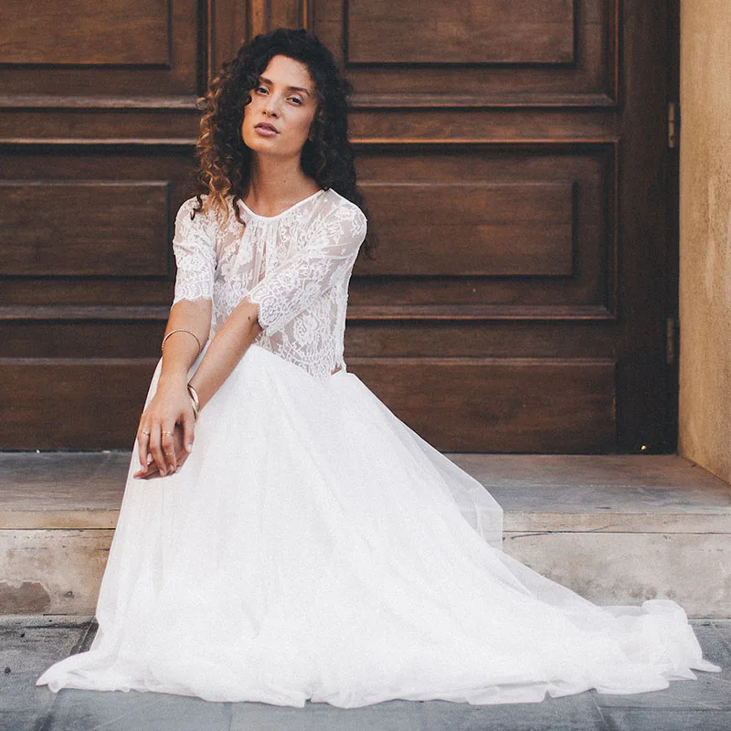 

Пляжное свадебное платье из двух частей с глубоким вырезом и рукавом до локтя, а-силуэт, Кружевной Белый/слоновой кости, длина до пола, плать...