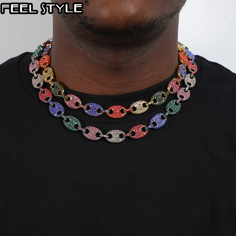 Мужская цепочка в стиле хип хоп разноцветная с инкрустацией из сплава фианитами