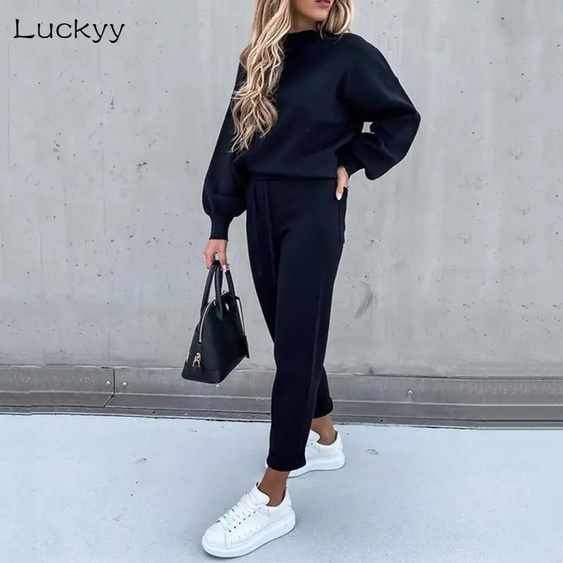 

Spring Women's Sets Streetwear Pockets O-Neck Women's Clothing Elastic Waist Pants Full Sleeves Casual Women Sets Long Pants