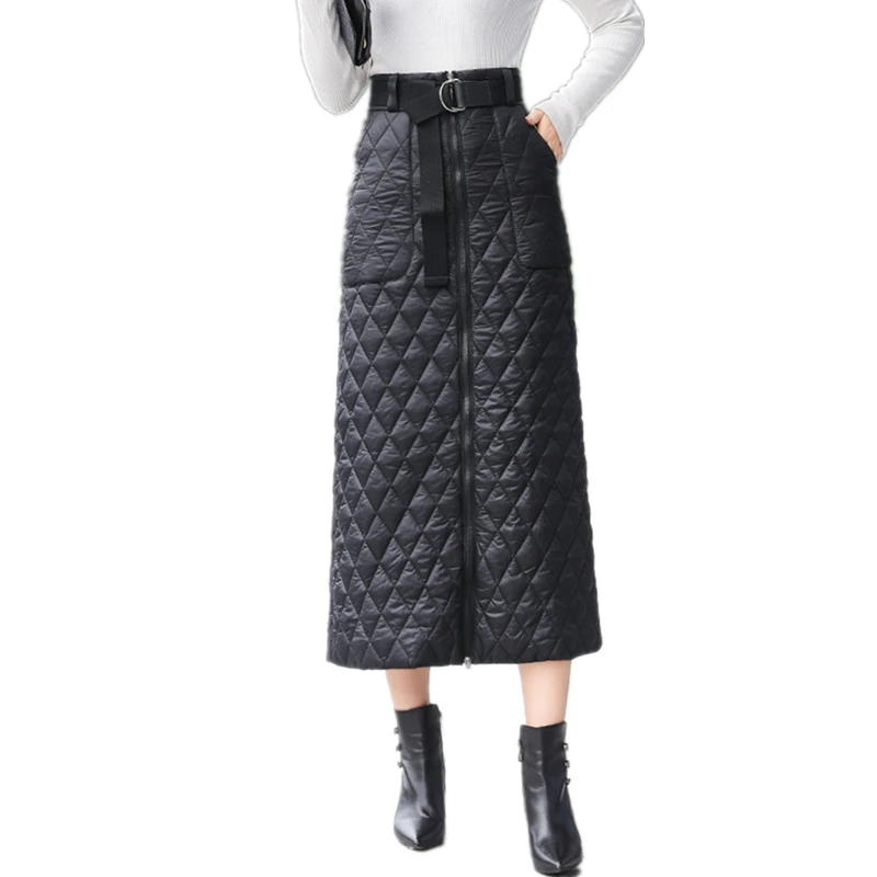 

Winter new Thick quilted long skirts for women Fashion High waist Straight Mid-Calf Office Lady skirt