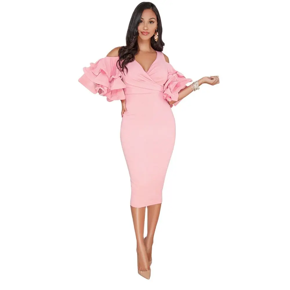 

Sexy V Neck Petal Sleeve Off Shoulder Bodycon Dresses Summer Yellow Pink Black Pencil Dress Party Dresses Women Evening Elegant
